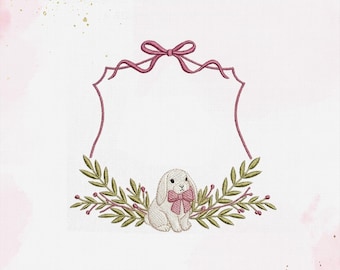 Bunny Frame Embroidery Design, Monogram Bow Embroidery File, 5 Size.