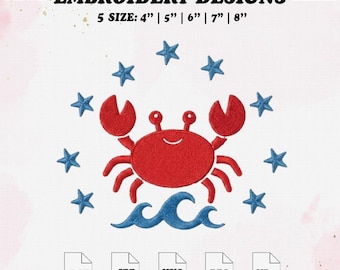 Crab Embroidery Design, Summer Embroidery File, 5 Size.