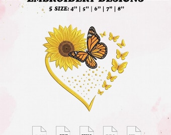 Butterfly Sunflower Heart Embroidery Design, Yellow Sunflower Embroidery File, 5 Size.