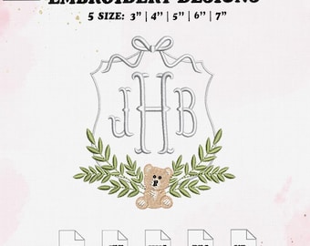 Baby Bear Monogram Frame Embroidery Design, Wreath Embroidery File, 5 Size, Instant Download.