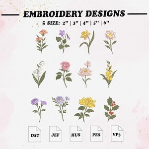 Puede incluir: Imagen que muestra diseños de bordado de varias flores, incluyendo rosas, margaritas y lirios. El texto "EMBROIDERY DESIGNS" está en la parte superior, con opciones de tamaño de 5 cm a 15 cm. Debajo, iconos de tipo de archivo: DST, JEF, HUS, PES y VP3.