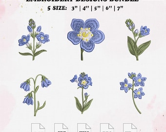 Blue Flowers Embroidery File, Mini Floral Wreath Frame Machine Embroidery Files, 5 Size, Instant Download.