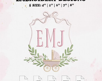 Baby Stroller Monogram Frame Embroidery Design, Wreath Embroidery File, 5 Size, Instant Download.