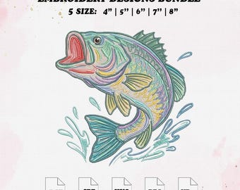 Bass Fish Coastal Embroidery File, Summer Fishing Embroidery Design, 5 Size.