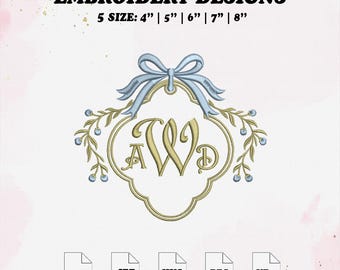 Floral Frame Embroidery Design, Monogram Bow Embroidery File, 5 Size, Instant Download.
