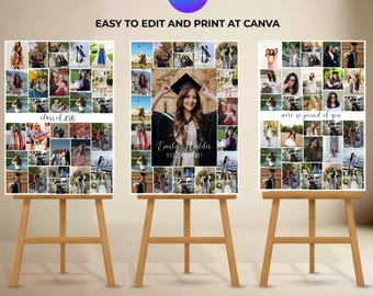Collage de fotos de graduación para niña o niño, cartel para fiesta de graduación, regalo de graduación para estudiantes de último año 2026, letrero de bienvenida editable en Canva