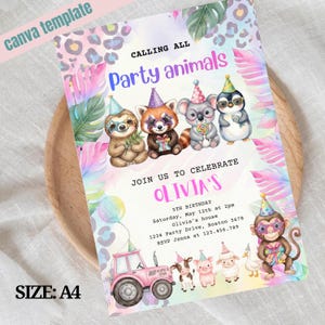 Könnte beinhalten: Eine farbenfrohe A4-Einladungsvorlage mit dem Text "Party animals" und "Olivia's 5th Birthday". Das Design zeigt Zeichentricktiere, einen rosa Traktor und tropische Blätter. Oben steht "Canva template".