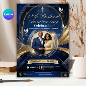 May include: A navy blue and gold flyer for the 18th Pastoral Anniversary Celebration. The design features a photo of a man and woman, doves, and gold accents. The text includes the date, time, and location of the event.