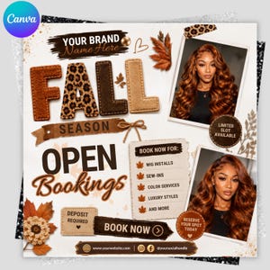 Könnte beinhalten: Ein Werbeflyer für Friseurdienstleistungen mit dem Text FALL SEASON OPEN BOOKINGS. Er enthält zwei Fotos einer Person mit langem, welligem, kastanienbraunem Haar, Herbstblattgrafiken und eine Liste von Dienstleistungen wie Perücken.