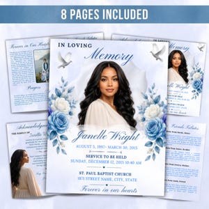 May include: A memorial service template with a portrait of a woman, surrounded by blue and white floral accents. The text includes the name "Janelle Wright", dates, and service details. The words "8 pages included" are at the top.