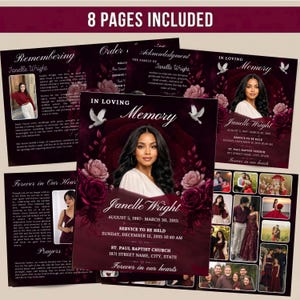 May include: A funeral program template set featuring 8 pages with a deep burgundy rose theme. The design includes white dove illustrations, text reading In Loving Memory, and placeholders for photos of Janelle Wright, service details, and prayers.