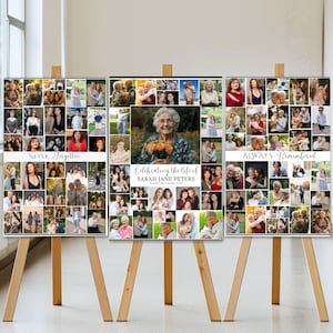 May include: Three memorial photo collages on wooden easels. Each collage features numerous photos, with text that reads "NEVER Forgotten", "Celebrating the life of SARAH JANE PETERS", and "ALWAYS Remembered". The collages are displayed in a well-lit room.