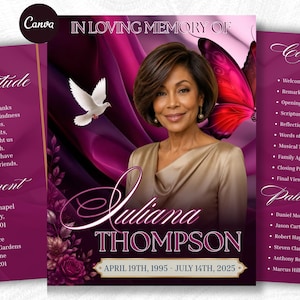 May include: A funeral program template featuring a portrait of a woman, a white dove, and a large pink butterfly against a deep magenta background. The text reads In Loving Memory Of Juliana Thompson, April 19th, 1995 - July 14th, 2025, with sections for gratitude, service arrangements, and pallbearers.