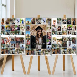 Peut inclure: Trois présentoirs de photos de remise de diplômes sur des chevalets en bois. Chaque présentoir présente un collage de photos. L'écran central comporte une photo d'une diplômée avec le texte "Emily Holder, You Did It!". Les autres écrans ont le texte "Class of 2016" et "We're so proud of you".