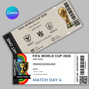 May include: Two souvenir tickets for the FIFA World Cup 2026 in New York. The tickets feature the text "France vs England", the date June 12, 2026, and a gold trophy. One ticket is for Match Day 3, the other for Match Day 4.