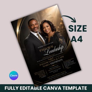 Op de afbeelding: Een rechthoekige A4-flyersjabloon met een portret van een man en vrouw in formele kleding. De tekst luidt Introducing Our New Pastoral Leadership, Pastor James & Lady Maria Thompson, New Hope Baptist Church en 25 mei 2025.