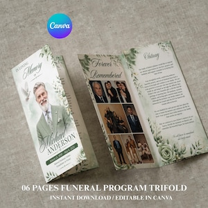 Può includere: Un modello di programma funebre a tre ante con il ritratto di un uomo in abito verde, accenti floreali ad acquerello e il testo "In Loving Memory of Michael Anderson" e "Forever Remembered" con sezioni per un necrologio e foto.
