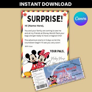 May include: A printable Disney World surprise announcement with Mickey and Minnie Mouse. The design includes a letter with the text "SURPRISE!" and a ticket-style invitation. The background is beige with red, yellow, and black accents.