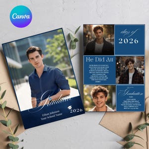 Op de afbeelding: Afstudeeraankondiging met een foto van een jonge man in een blauw overhemd. Het ontwerp bevat het woord "Graduate", het jaar "2026" en ruimte voor een naam en school. Extra foto's en tekst aan de rechterkant.