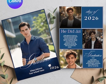 Cartolina di laurea maschile / Annuncio di laurea personalizzato per ragazzo dell'ultimo anno / Griglia per collage di foto della classe del 2026 / Download immediato da Canva