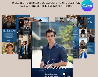 Plantilla de tarjeta fotográfica de graduación masculina 2026, invitación a fiesta de graduación, anuncio de graduación para chico de último año, collage fotográfico minimalista moderno