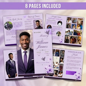May include: A commemorative program with eight pages, featuring a portrait of a man in a suit. The design includes purple accents, floral illustrations, and the text "In Loving Memory William James." The program includes photos and text.