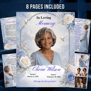 Può includere: Un programma di servizio commemorativo con un ritratto di Olivia Wilson, circondato da illustrazioni floreali e di colombe. Il programma include il testo "In Loving Memory", insieme alle date 12 marzo 1952 - 20 febbraio 2026, e la frase "Always in our prayers."