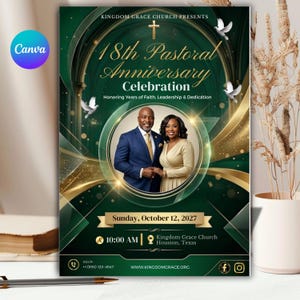 May include: A digital flyer for an 18th Pastoral Anniversary Celebration at Kingdom Grace Church. It features a central circular photo of a couple, gold and dark green geometric accents, white doves, a cross, and event details for 12 October 2027.
