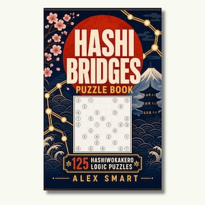 May include: A Hashi Bridges puzzle book by Alex Smart with a dark blue cover featuring a red sun, cherry blossoms, a pagoda, and Mount Fuji. The cover displays the title, 125 Hashiwokakero logic puzzles, and a grid of numbered circles.