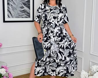 Plus Size Floral Maxi Dress Women, Oversized Boho Dress, Loose Fit Summer Dress, Curvy Black White Midi Dress, 2XL 3XL 4XL 5XL