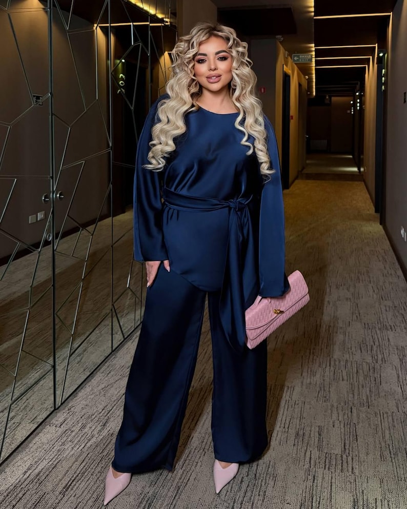 Dark navy satin women pantsuit with high waist wide leg pants and loose top
