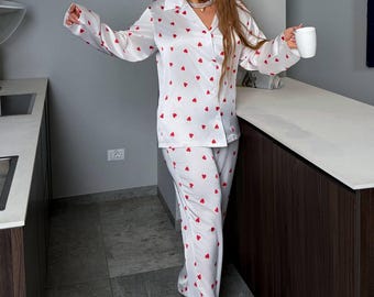 Luxury Satin Heart Pajama Set for Women & Couples, Valentine’s Day Silk Pajamas, Plus Size Sleepwear, Romantic Gift
