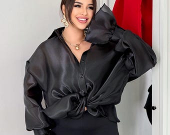 Luxury Sheer Organza Oversized Blouse for Women, Plus Size Elegant Evening Statement Top, Long Sleeve, 6 Colors