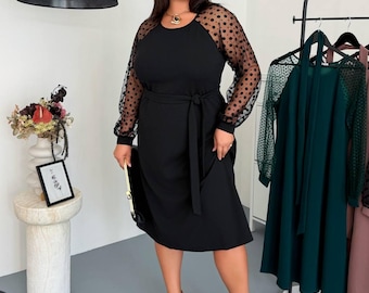Black Plus Size Midi Dress Relaxed Silhouette Sheer Mesh Sleeves Curvy Formal Wear Evening
