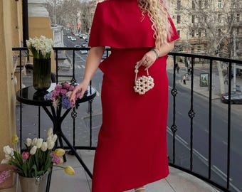 Hochzeit Gast Midi Bodycon Umhang Kleid Frauen Elegante Formelle Outfit Korsett Zurück Plus Größe Rot Schwarz Cocktailkleid