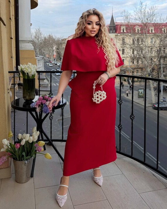 Wedding Guest Midi Bodycon Cape Dress Women Elegant Formal Outfit Corset Back Plus Size Red Black Cocktail Dress