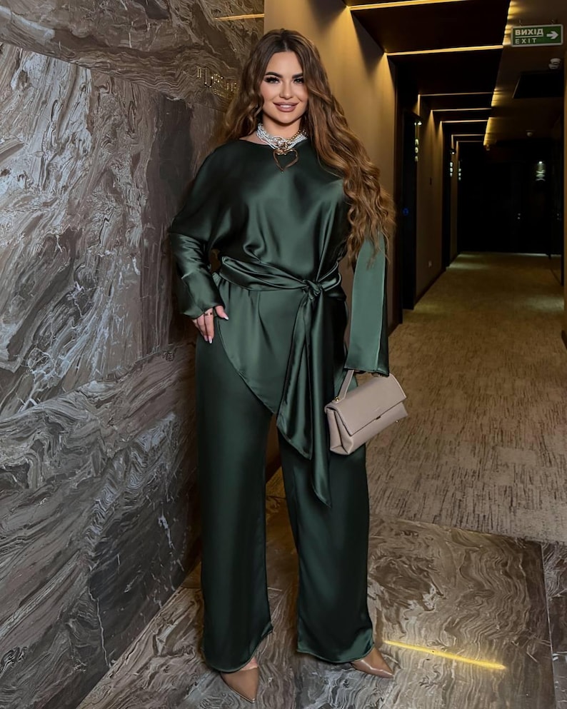 Khaki satin pants set for women featuring relaxed fit palazzo pants and matching blouse
