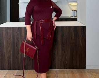 Plus Size Two Piece Skirt Set with Eco Leather Belt, Midi Skirt and Top, Women's Elegant Outfit, Office Party Wear, Handmade in Ukraine