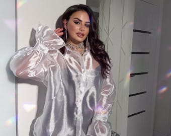 Luxury Sheer Organza Top for Women, Oversized Plus Size Elegant Fashion Piece, Long Sleeve Special Occasion Look, 6 Colors