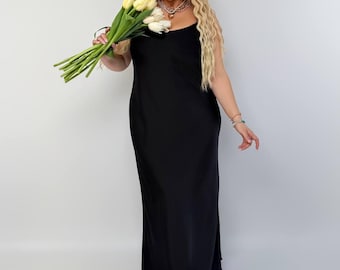 Schwarzes Satin Maxi Kleid Plus Größe, Slip Kleid Damen, schwarzes Brautjungfer Kleid, Hochzeit Gast Kleid, Elegantes Langes Kleid