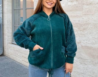 Alpaca Fleece Cardigan Oversized Curvy Fit Cozy Sherpa Zip Green Jacket Casual Winter Layer