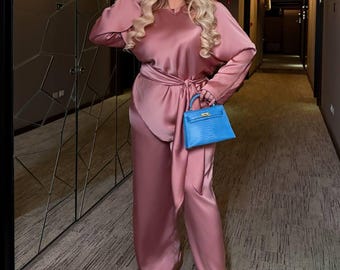 Elegant Silk Satin Two Piece Set for Women, Plus Size Palazzo Pants & Loose Blouse with Belt, Evening Outfit, Double Silk Armani