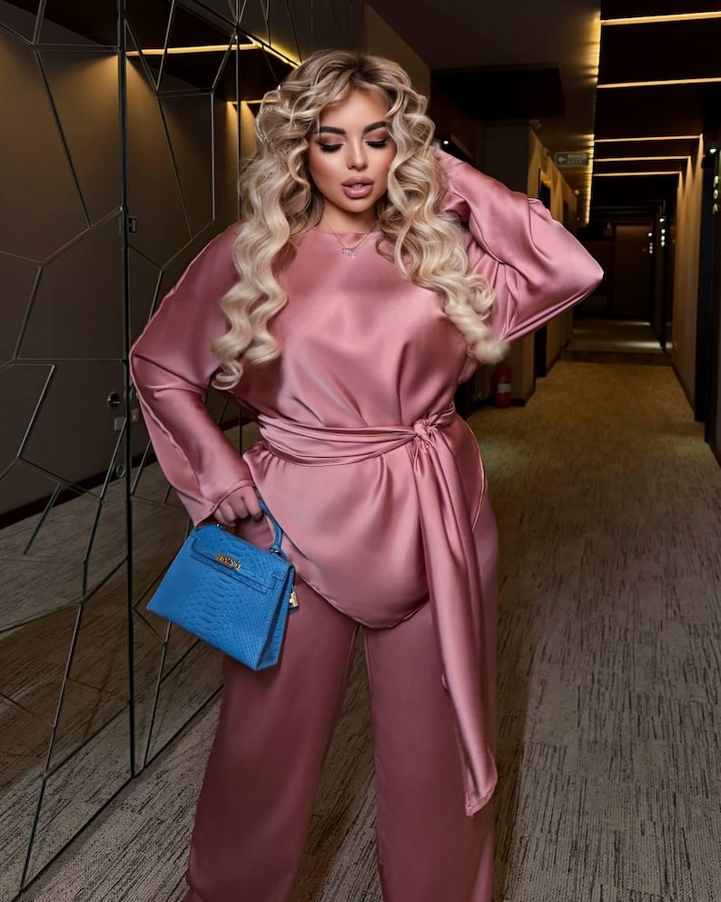 Dusty rose plus size two piece set with wide leg pants and elegant satin blouse