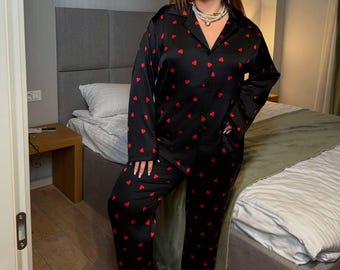 Valentine Love Pajama Set with Heart Pattern, Luxury Satin Sleepwear for Couples, Plus Size Romantic Gift