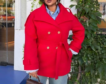 Red Cashmere Trench Coat Women Insulated Warm Winter Short Jacket Plus Size Outerwear