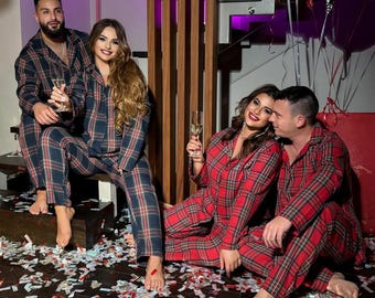 Matching Cotton Flannel Pajama Set, Plaid Couple Sleepwear, Winter Warmth