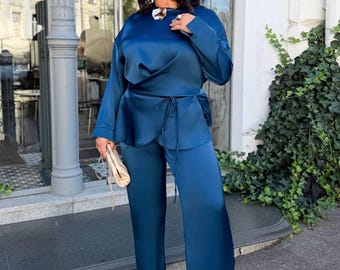 Blue Plus Size Pants Set Elegant Wide Leg Trousers Draped Blouse Double Silk 2XL-5XL