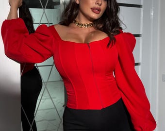 Korsett-Bluse mit geschnürtem Rücken, Puffärmel-Top, elegantes Korsett-Oberteil für Frauen, Schwarz Weiß Rot, Plus Size
