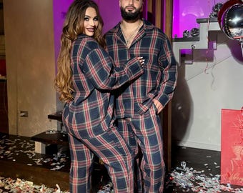 Valentine’s Day Pajamas for Couples, Cozy Cotton Flannel Plaid Sleepwear Set, Romantic Gift for Him and Her
