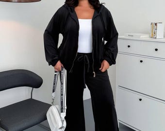 Hooded Zip Jacket, Relaxed Pants Black Velour Tracksuit Set, Curvy Womens Two Piece Outfit